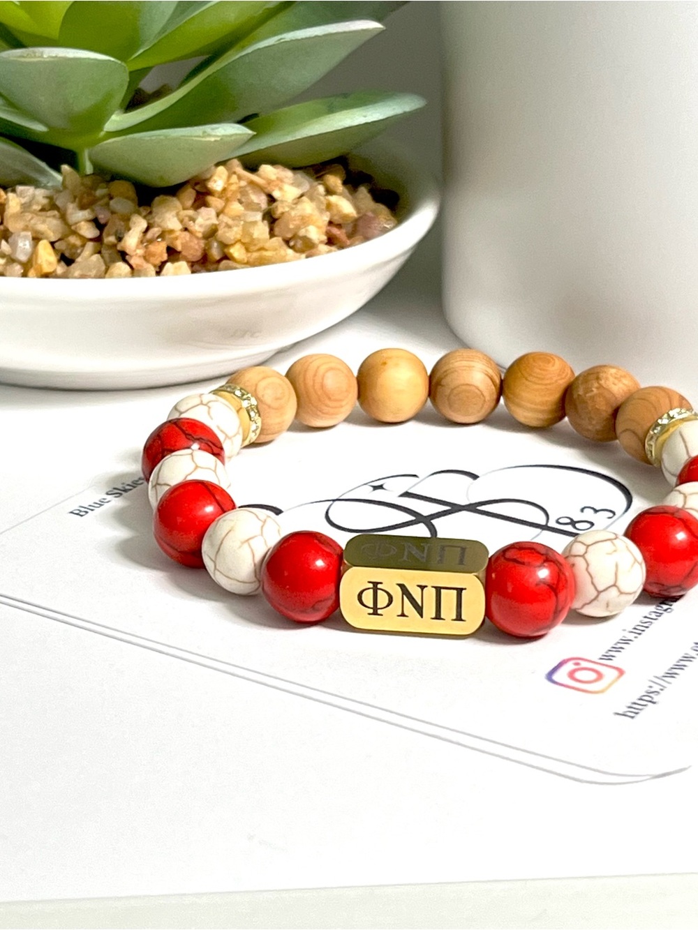 Kappa Alpha Psi Gold-Link Red and White Phi Nu Pi Beaded Bracelet